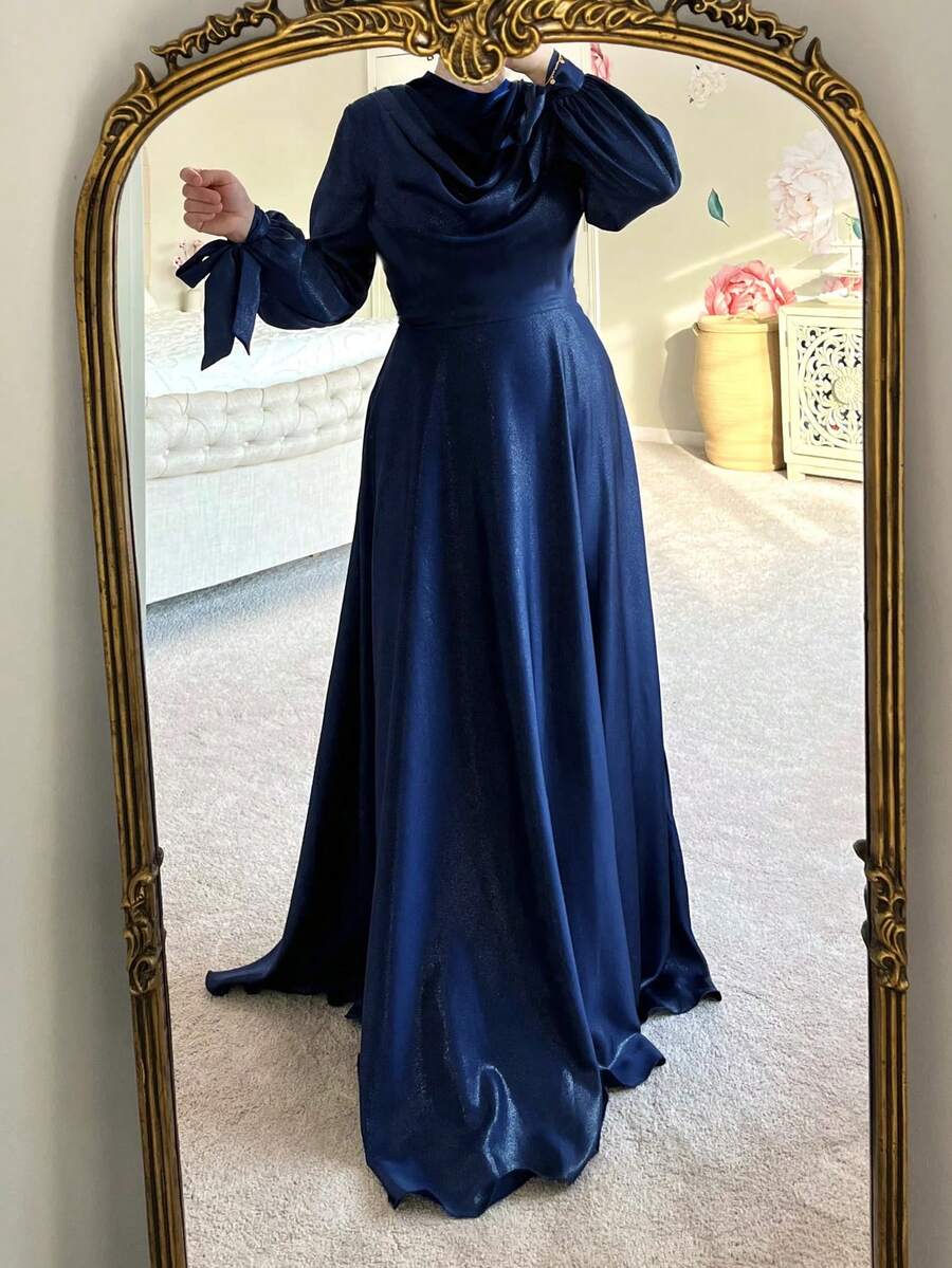 Solid Color Long Sleeve Simple Casual Long Maxi Arabian Dress, Modest - Navy Blue - View 1