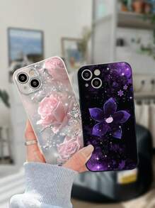 Flower Phone Case 2pcs Couples Sparkling Pink Rose Painted Anti-Fall Phone Case Compatible With Iphone 14 Pro Max, 13, 11, XR, 7/8, Galaxy S24, A04, A12, A13, A14, A21s, A22, A23, A24, A32, A33, A34, A51, A52, A53, A54, A71, A72, A73, S20 FE, S21, S22, Redmi 9, 9A, 10A, 10C, Note 9, Note 10, Note 11, Note 12, 12, 12C