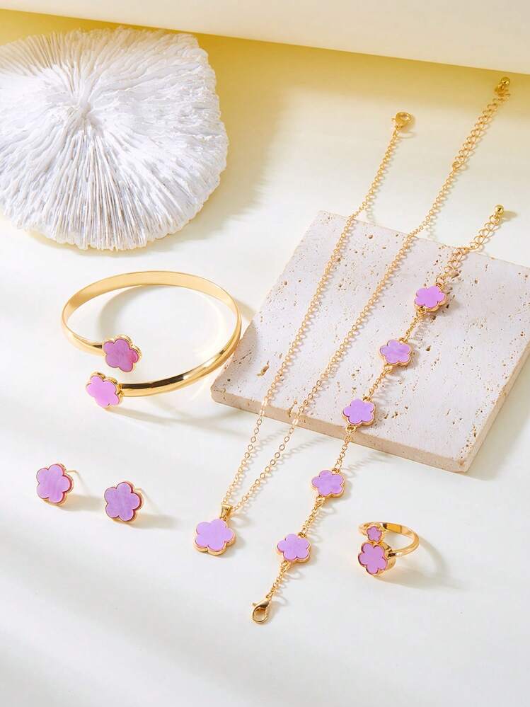 Set de 6 piezas con aretes, collar, pulsera y anillo con diseño de trébol, versátil y con suerte, regalo para el Día de San Valentín, Día de la Madre