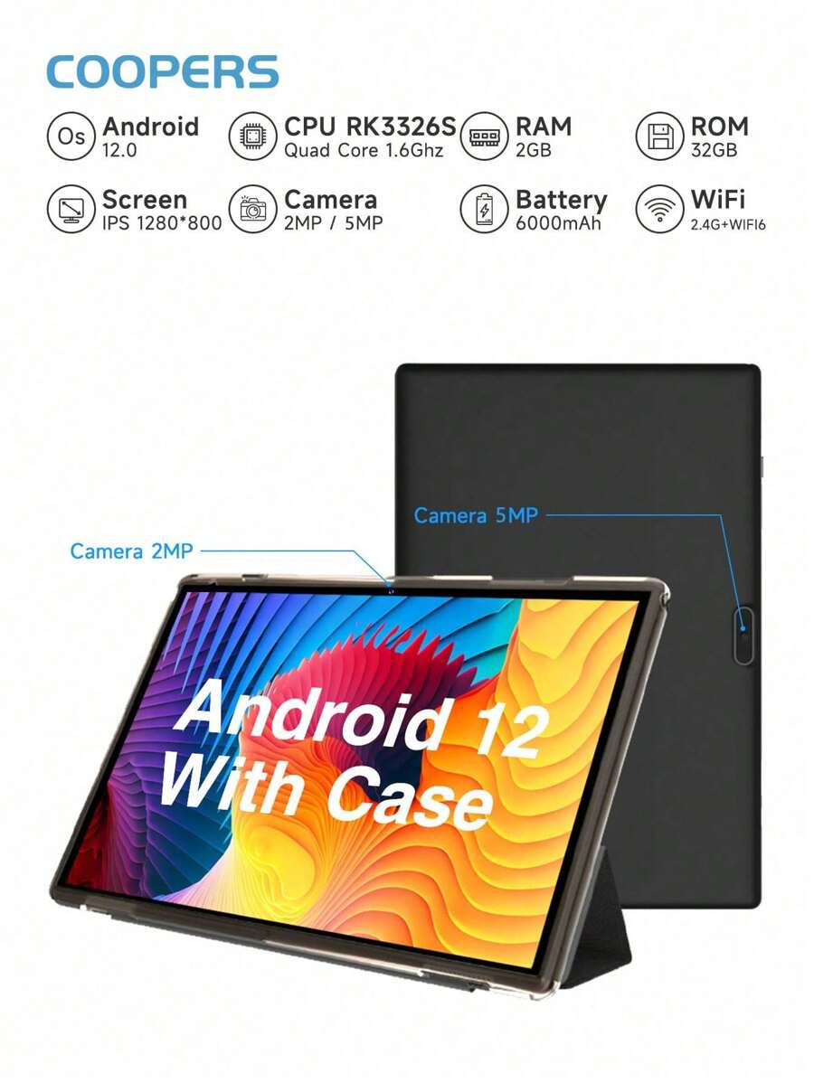 Coopers ZB10 10.1 Inch Android 12 Tablet With Case, RK3326S 4-Core 1.6Ghz/2GB RAM 32GB ROM/2.4G WiFi+WiFi 6/BT 5.2/FHD IPS Touch Screen/2MP+5MP Dual Camera/Type-C/G-Sensor/6000mAh/Supports 1TB SD Expansion (No Adapter) - 深灰色 - 查看 1