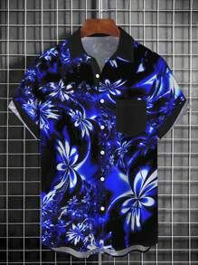 Hawaiian Gradient Floral 3D Print Men's Button Pocket Short Sleeve Shirt