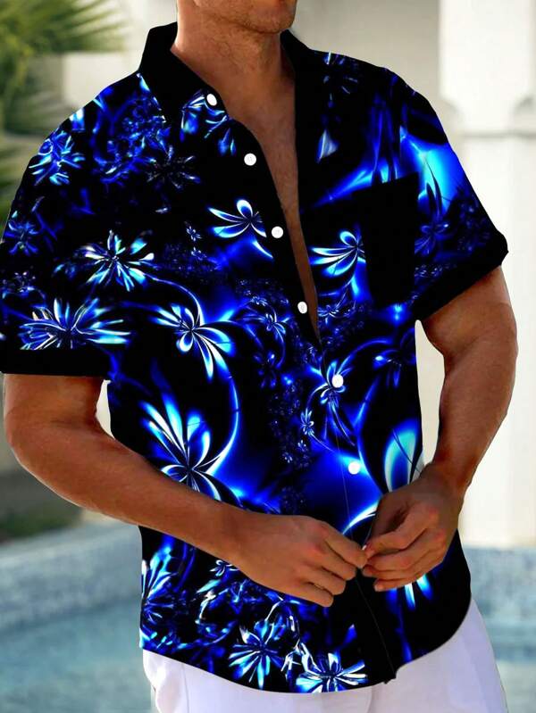 Hawaiian Gradient Floral 3D Print Men's Button Pocket Short Sleeve Shirt