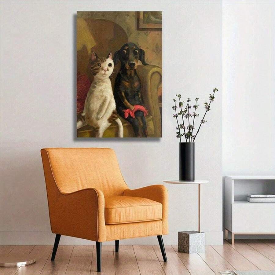 1 Pc Whimsical Cats And Dogs Wooden Framed Canvas Painting Thickness 2.25cm/0.9inch High Quality Wall Art Prints Poster Direct Hanging Wall Picture Decor For Home Gifts, Living Room, Bathroom, Bedroom, Kitchen - 白色 - 查看 1