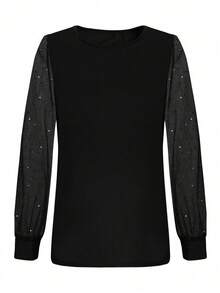Gentle Black Round Neck Sequin Mesh Patchwork Long Sleeve Top, Sexy Sheer Lantern Sleeve Design, Skin-Friendly Slimming Versatile T-Shirt, Ladies' Spring/Autumn Date/Commute Undershirt, Niche Sparkling Sheer Mesh Sleeve Design, Wedding/Party Ladies' Top