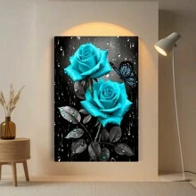 1pc, Flower Canvas Print Poster Blue Rose With Butterfly Canvas Wall Art Work Wall Painting Bathroom Bedroom Office Living Room Wall Decor