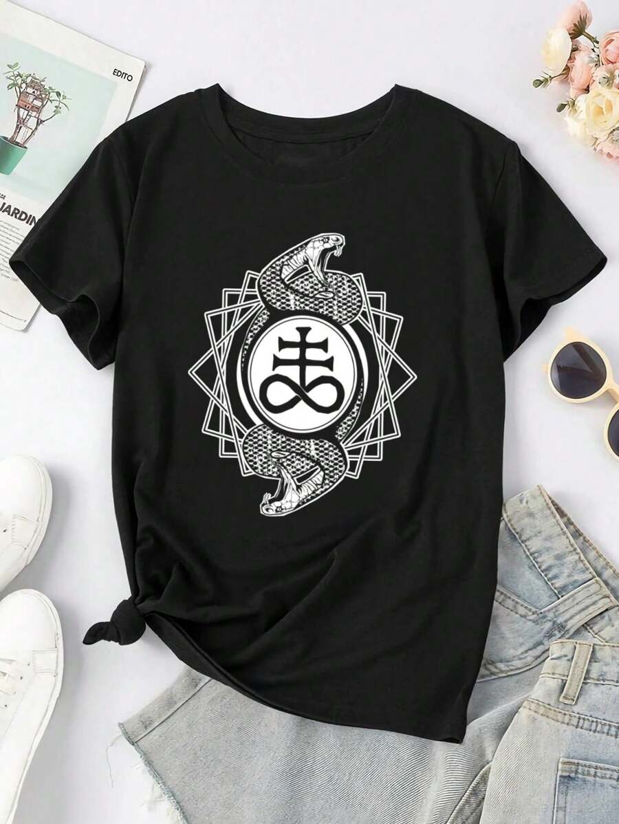 Leviathan Cross And Serpents Black And White Detailed Design With Geometric Infinity Symbol Mystical Ornament And Snake Tattoo Style For Women's Women T-Women's Shirt - 黑色 - 查看 1