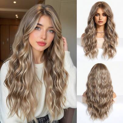 باروكة طويلة 24 بوصة ذهبية بنية مموجة للنساء، باروكة ذهبية بنية مجعدة مع غرة هوائية موجة مائية، باروكة من ألياف صناعية مقاومة للحرارة للاستخدام اليومي والحفلات