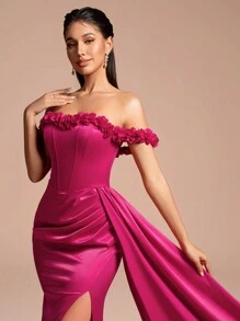 Romantisches elegantes 3D Blumen Bardot Tailliertes Meerjungfrauen Abendkleid, seitlicher Schlitz geeignet für Partys und formelle Anlässe