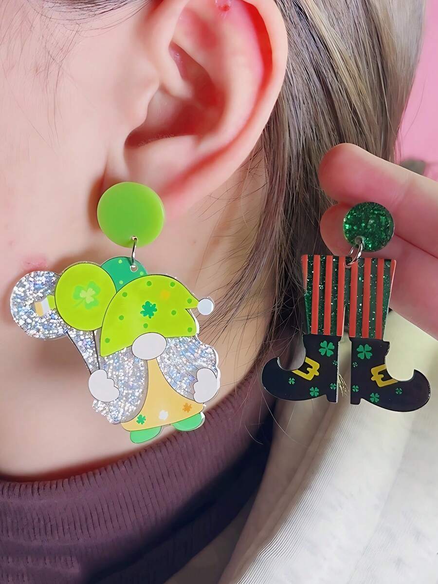 1 Pair Cute Cartoon Dwarf And Balloon Striped Boots Themed St. Patrick's Day Women's Earrings