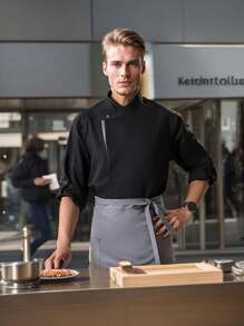 1pc Men's Premium Chef Shacket, Gray Trim With Hidden Buttons, Work Uniform For Hotel, Restaurant, Cafe, Bakery, And Beverage Shop