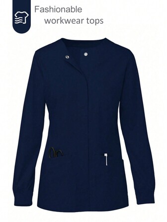 Women's Scrunched Front Scrubs Uniform Jacket With Pockets, Long Sleeve Tight-Fitting Tunic