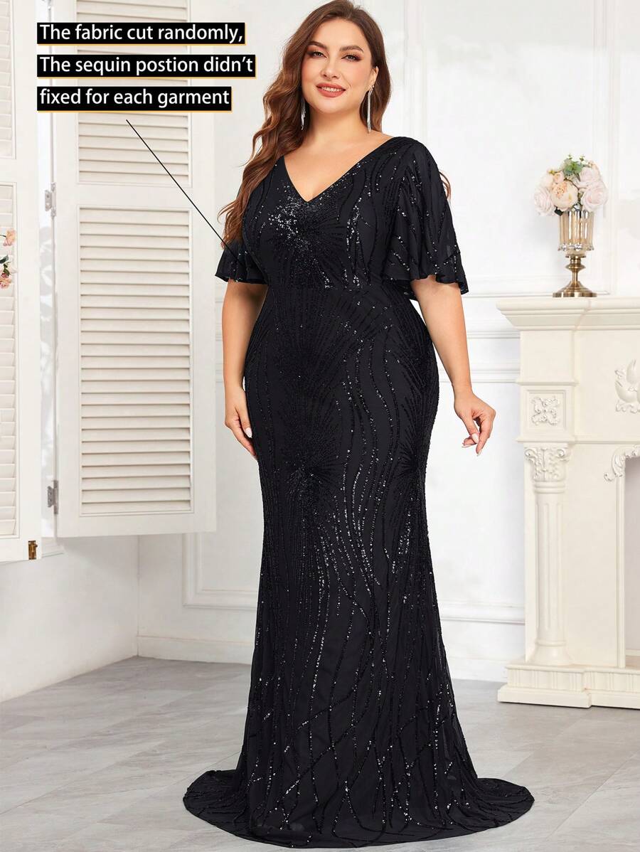 hezixi Premium Stretchy Sequin Fitted Plus Size V-Neck Short Sleeve Elegant Formal Party Dress, Suitable For Mother Of The Bride, Gala Events, Wedding Guest Dress, Evening Dress,Gown - màu đen - Xem 1
