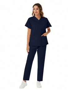 2 件套 V 领口袋短袖上衣和短裤休闲手术服套装