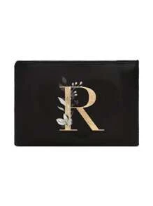 A Black Makeup Bag With The Initials A~Z Printed On It, Featuring A Green Leaf Pattern Print,Cosmetic Bag,Portable Wash Bag,Teacher's Day Gift, Reusable Makeup Bag, Women's Simple And Large Capacity Travel Makeup Bag