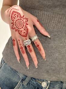 6件套海娜手部模板染料膏套装（2对左右手模板+2瓶纹身染料膏）多图案男女通用临时纹身手绘防水假纹身模板套装 - 彩色 - 查看 4