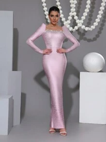 性感方形领口长袖水钻装饰修身超长绷带连衣裙，女士正式晚会生日礼服，婚礼宾客 - 粉色 - 查看 2