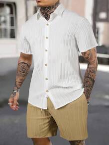 2 Stück/Set Herren lässiges, modisches Outfit mit Kurzarmoberteil und Shorts in Wellentextur-Stoff - Weiss - Übersicht 1