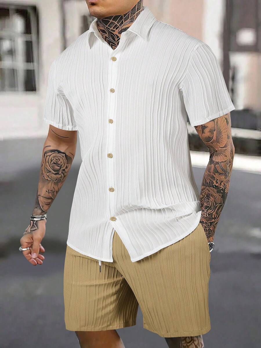 2 Stück/Set Herren lässiges, modisches Outfit mit Kurzarmoberteil und Shorts in Wellentextur-Stoff - Weiss - Übersicht 1