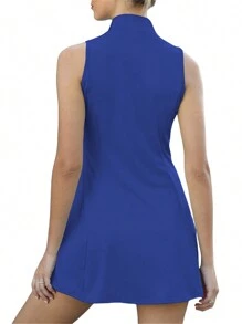 Women Plus Size Tennis Sports Suit, Solid Color Zipper Stand Collar Sleeveless Slim Short Skirt + Shorts Set, L-3XL - Royal Blue - View 5