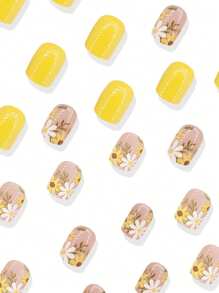 24Pcs Short Square Nails, Creative Spring Solid Color Flowers Yellow French Fake Nails Manicure, Suitable For Girls To Wear, Press Nails. Press On Nails Nail Supplies Nails - Multicolor - View 3