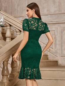 MIUSOL Vintage Mock Neck Floral Lace Puff Sleeve Cocktail Party Bodycon Dress - Dark Green - View 2