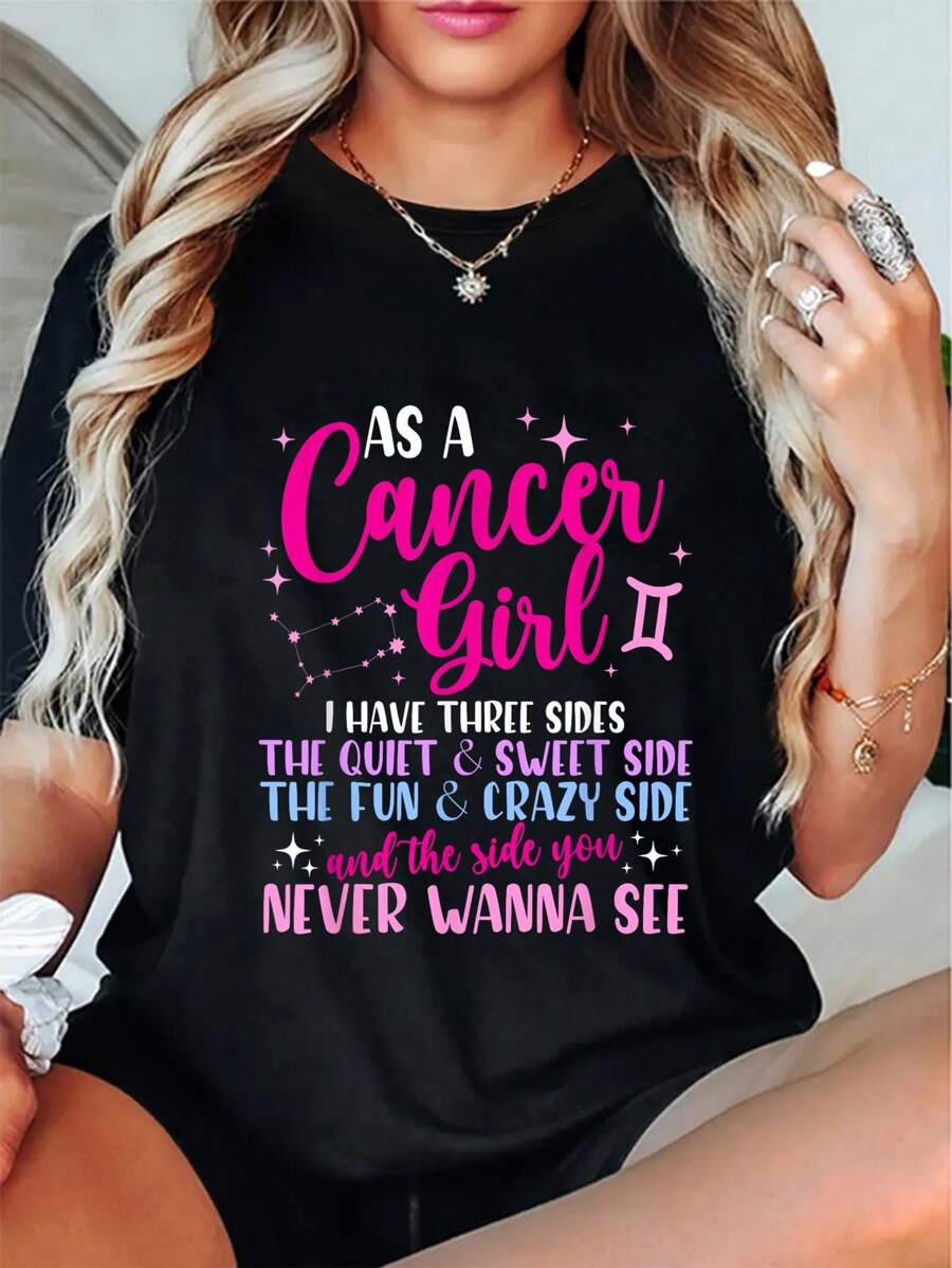 As A Cancer Girl I Have Three Sides - Astrology Zodiac Sign T-Shirt Casual Short Sleeve Shirt - 黑色 - 查看 1