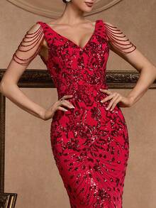 XUIBOL Zip Backless Sequin Formal Dress - Red - View 8