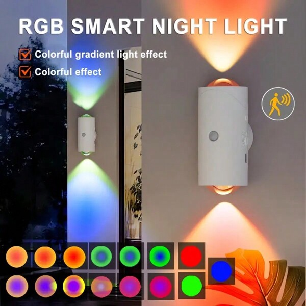 Luminária noturna LED recarregável com sensor de movimento, luminária de parede, luz ambiente gradiente RGB, luz interna regulável, luminária de degrau magnética para entrada, cabeceira, mesa, armário