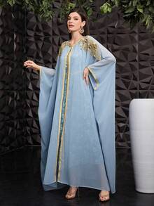 QIANZHIDU 女士优雅金色刺绣土耳其长袍 - 淺藍色 - 查看 4