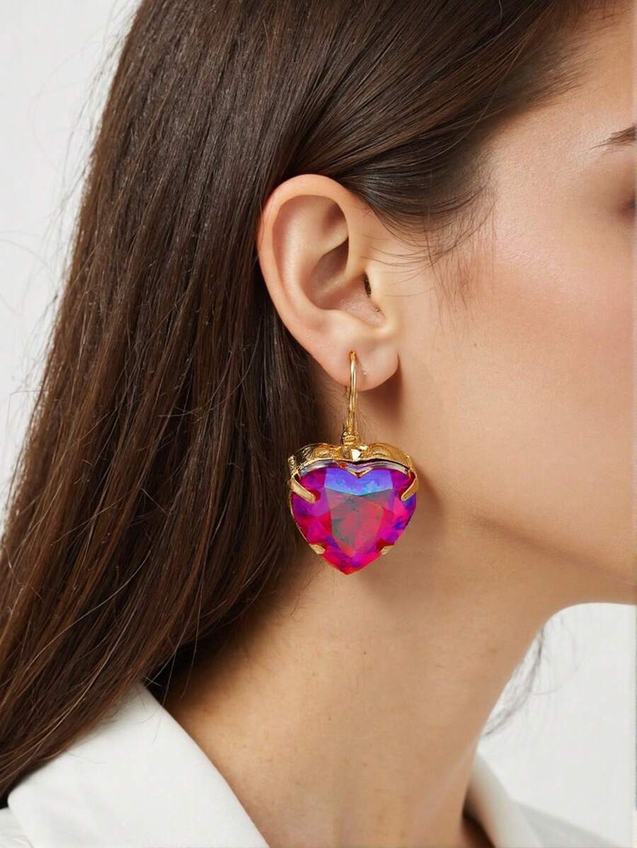 1 对女士耳环，金属心形亚克力锆石心形耳环，浪漫多巴胺心形耳环，简约吊坠耳环，时尚优雅亚克力耳环，防过敏珠宝礼物，适合派对、节日 - 彩色 - 查看 1