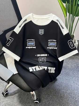 1 Pc Men's Casual Street Style T-Shirt, Polyester Knit Fabric, Round Neck, Printed Design, Regular Fit, Summer Top