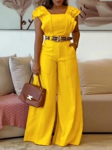 2 Piece Sqaure Neck Flutter Sleeve Shirred Top High Waist Wide Leg Pants Elegant Pants Set