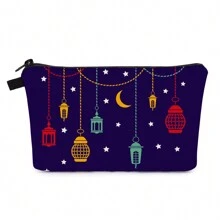 1pc Bolsa de maquiagem impressa Eid Mubarak do Oriente Médio, material macio com abertura com zíper, organizador de cosméticos de viagem portátil, presente de festival para mulheres e meninas