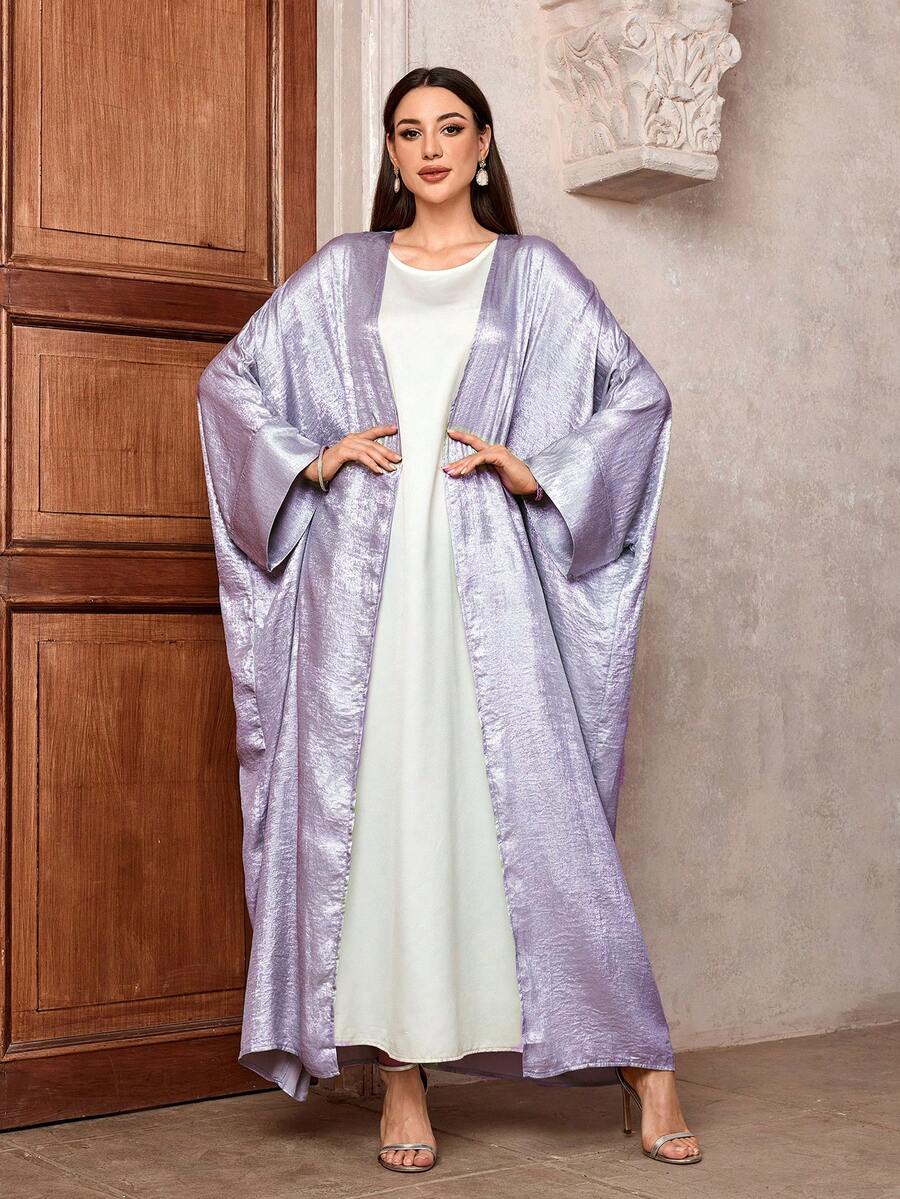 Áo kimono/abaya/kaftan tay cánh dơi bằng satin bóng mượt dành cho nữ, trang phục Hồi giáo, áo choàng dài, áo khoác mùa xuân. - Màu tím - Xem 1