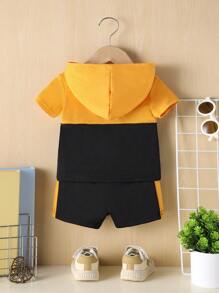 2pcs Baby Casual Daddy & Me Patchwork Graphic Hoodie Shirt And Patchwork Shorts Set, Holiday Gift, Summer - Black - View 2