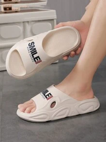 1 双男士纯色时尚字母印花休闲拖鞋，轻质 EVA 材质，适合街头、居家、淋浴，多功能夏季凉鞋 - 米色 - 查看 2