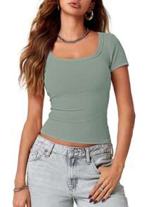 GEREARC Women's Summer Scoop Neck Short Sleeve Cute T-Shirts Ribbed Knit Slim Fitted Casual Basic Top - xám xanh - Xem 1