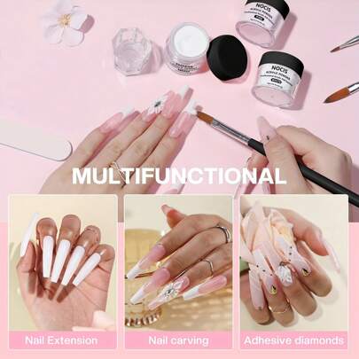 Kit Kuku Akrilik untuk Pemula - Bubuk Akrilik Transparan Warna Pink Nude, Lem Anti-Menguning, dan Alat Kuku! Ujung Kuku Akrilik Tempel