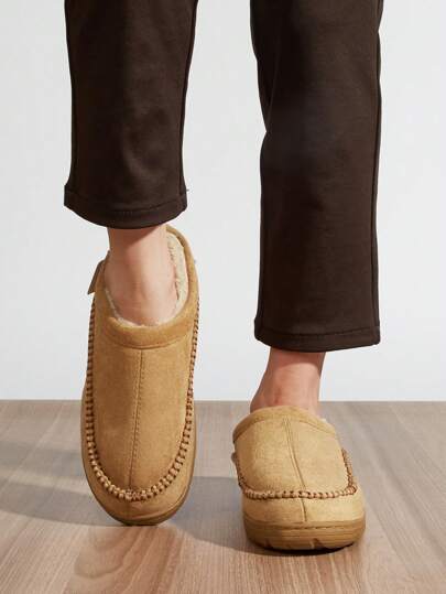 Men's Slippers Plush Warm Cozy Memory Foam Sewing Thread Solid Suede House Shoes Winter Vintage Casual Slippers Female