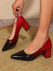 Women's Sexy Gradient Hue Pointed Toe Chunky Heel Pumps, Comfortable Timeless Elegant Dress Shoes, For Women Comfy Soft Lady Daily Work Office Dates Wedding Casual Slip - 黑紅漸層色 - 查看 3