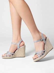 Women'S Open Toe Dressy Espadrille Strappy Casual Braided Heels Comfortable Valentine's Day Vacation Ankle Strap Summer  Platform Wedge Sandals - 銀色 - 查看 6
