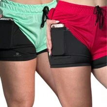 KIT 2 Women's Shorts 2 In 1 Men's Gym Bermuda Running Training With Elastane - 泡泡糖粉 - 查看 1