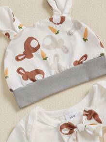 Baby Boys Easter Outfits Letter Rabbit/Carrot Print Short Sleeve Rompers Suspender Pants Hat 3Pcs Clothes Set