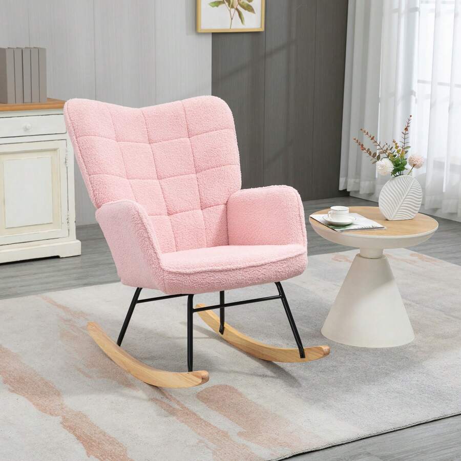 HOMCOM Wingback Rocking Chair For Nursing, Berber Fleece Nursery Glider Rocker, Modern Armchair For Living Room, Pink - Pink - View 1