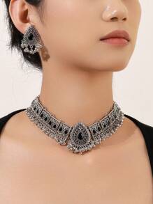 1 件复古风格闪亮宝石孔雀翼吊坠项链和 1 对配套宝石耳环，女士夸张珠宝套装 - 首飾套裝 - 查看 14