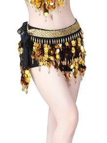 Belly Dance Sequin Hip Scarf Chiffon Short Skirt Belt Waist Chain Wrap Rave Gold Shine Sparkly Costume For Women Carnival Stage - Multicolor - View 12