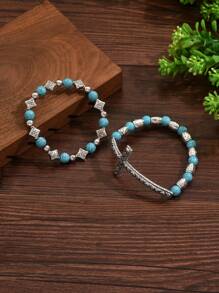 1 Set Of 2pcs Turquoise Beaded Boho Style Cross Charm Bracelet Set - Green Two Piece Set - View 5