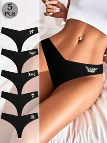 5 条装 女式无缝丁字裤 趣味印花隐形丁字裤 V 腰弹力透气舒适内裤
