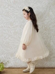 Nuovo vestito da principessa in tulle floreale da ragazza per la primavera, abito da cerimonia in stile patchwork color albicocca soffice, adatto per feste di compleanno, vacanze, damigella con maniche a lanterna