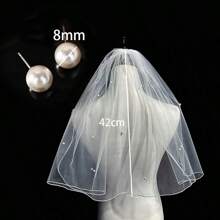 2pcs /Set Simple Style Faux Pearl Wedding Veil With Comb Short Veil & Pearl Earrings Combination For Women Photo Accessories, Party, &; Elegant Beautiful